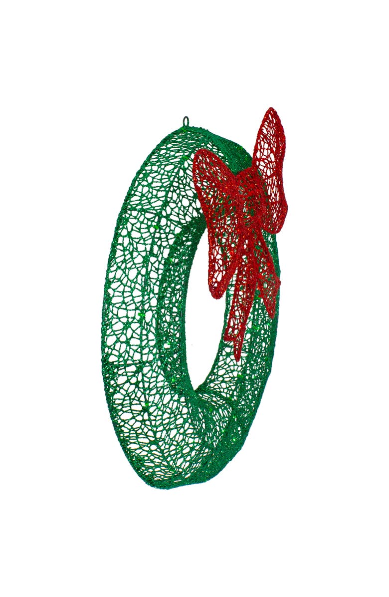 Northlight 24" LED Lighted Green Glitter Wreath with Red Bow Outdoor Christmas Decoration, Alternate, color, 