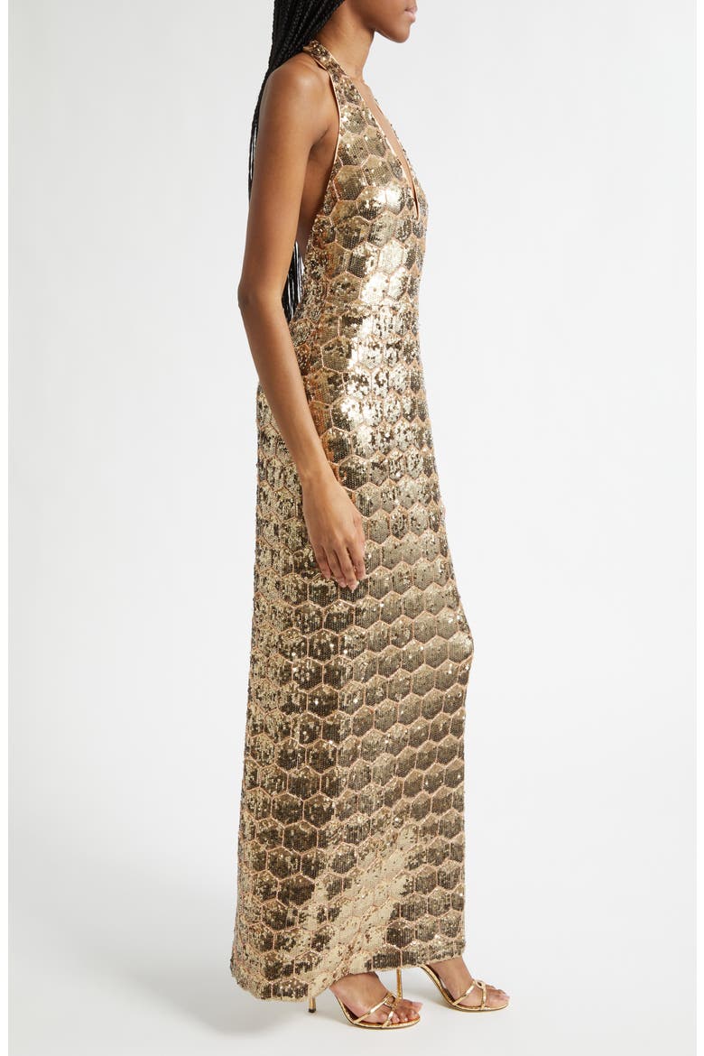 Shauna Sequin Halter Gown, Alternate, color, GOLD SEQUIN