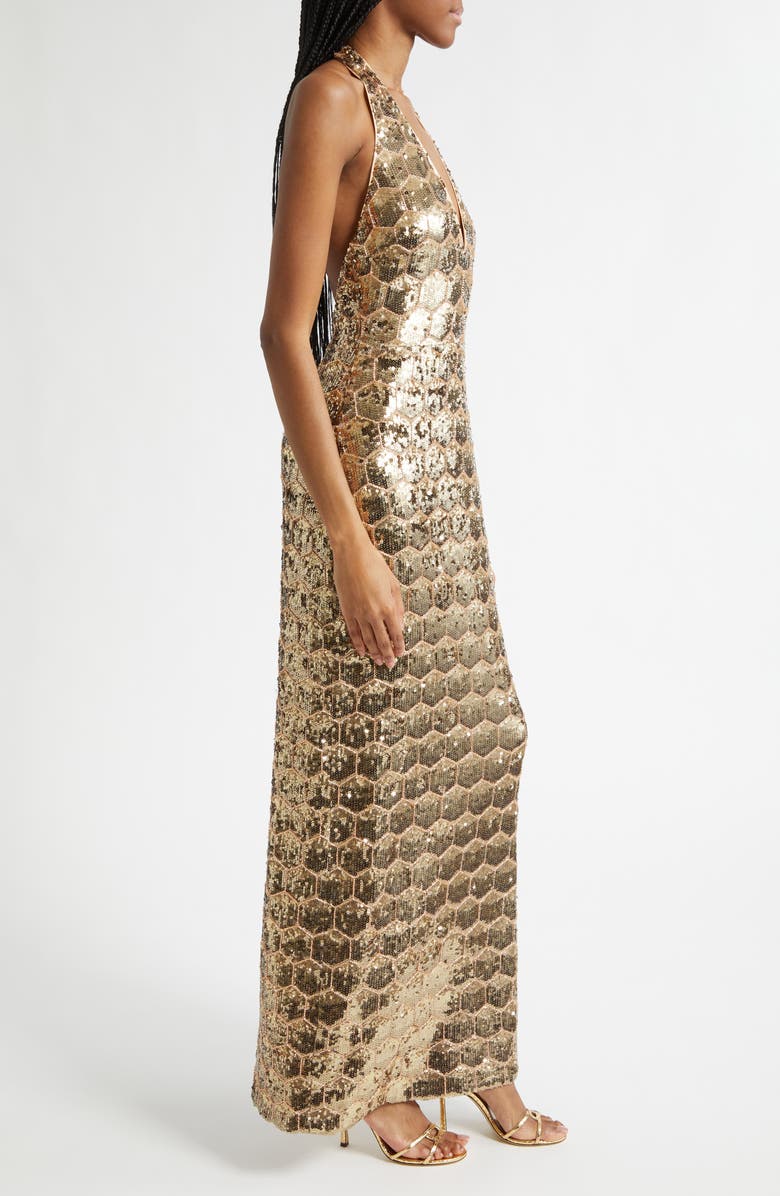 Ramy Brook Shauna Sequin Halter Gown, Alternate, color, Gold Sequin