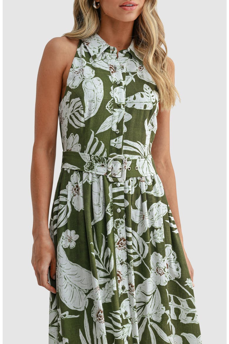 Belted Sleeveless Cotton Midi Dress, Alternate, color, GREEN FLORAL