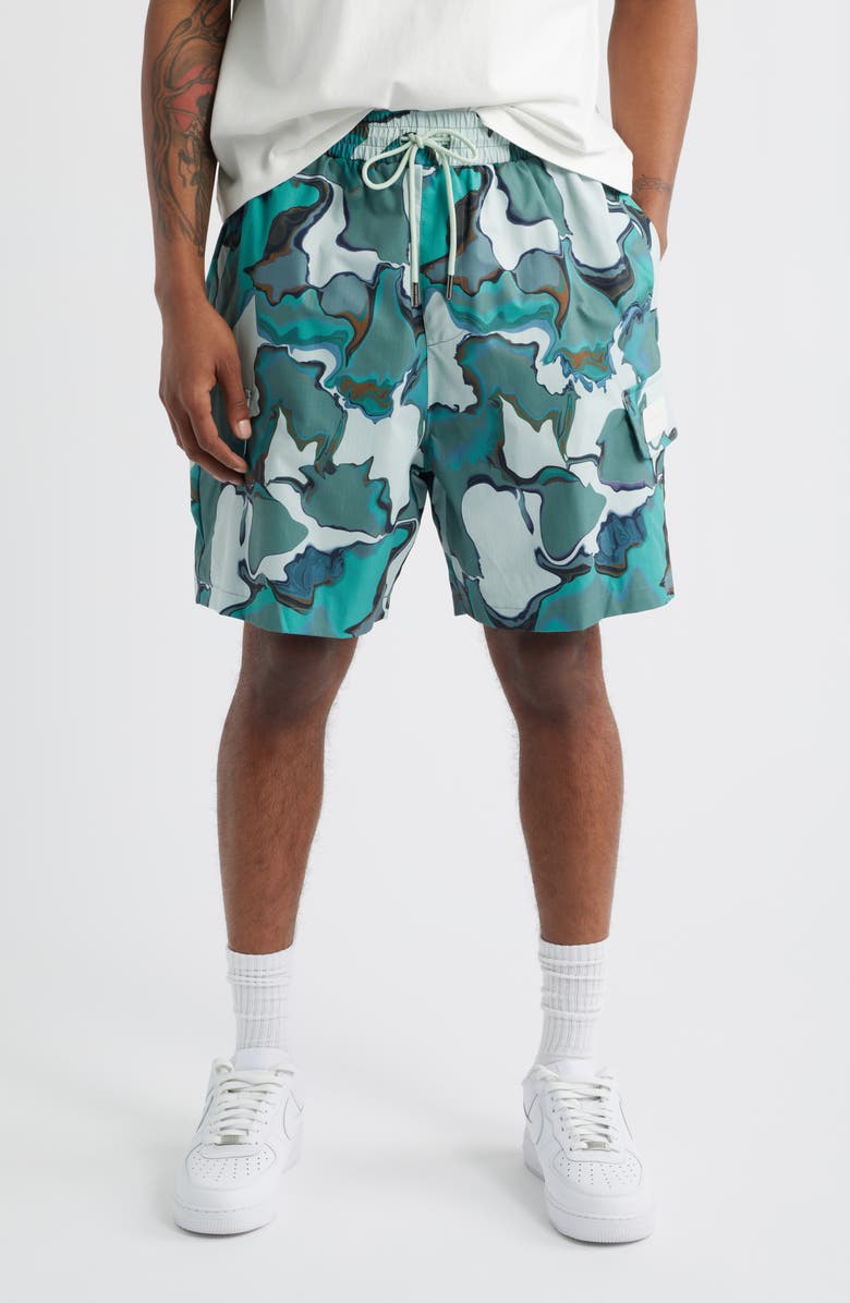 CRIMINAL DAMAGE Marble Print Cargo Shorts, Main, color, Green