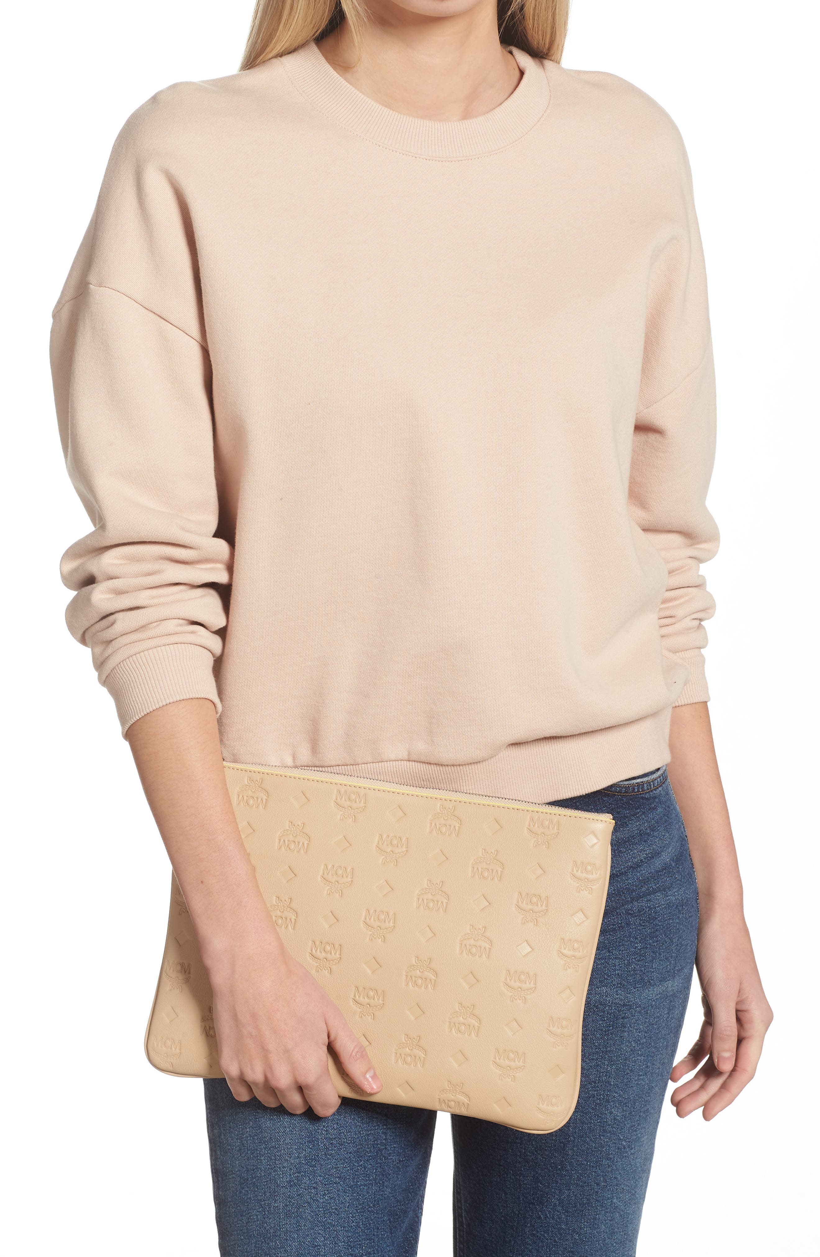 Klara Monogram Leather Crossbody Pouch, Alternate, color, CROISSANT