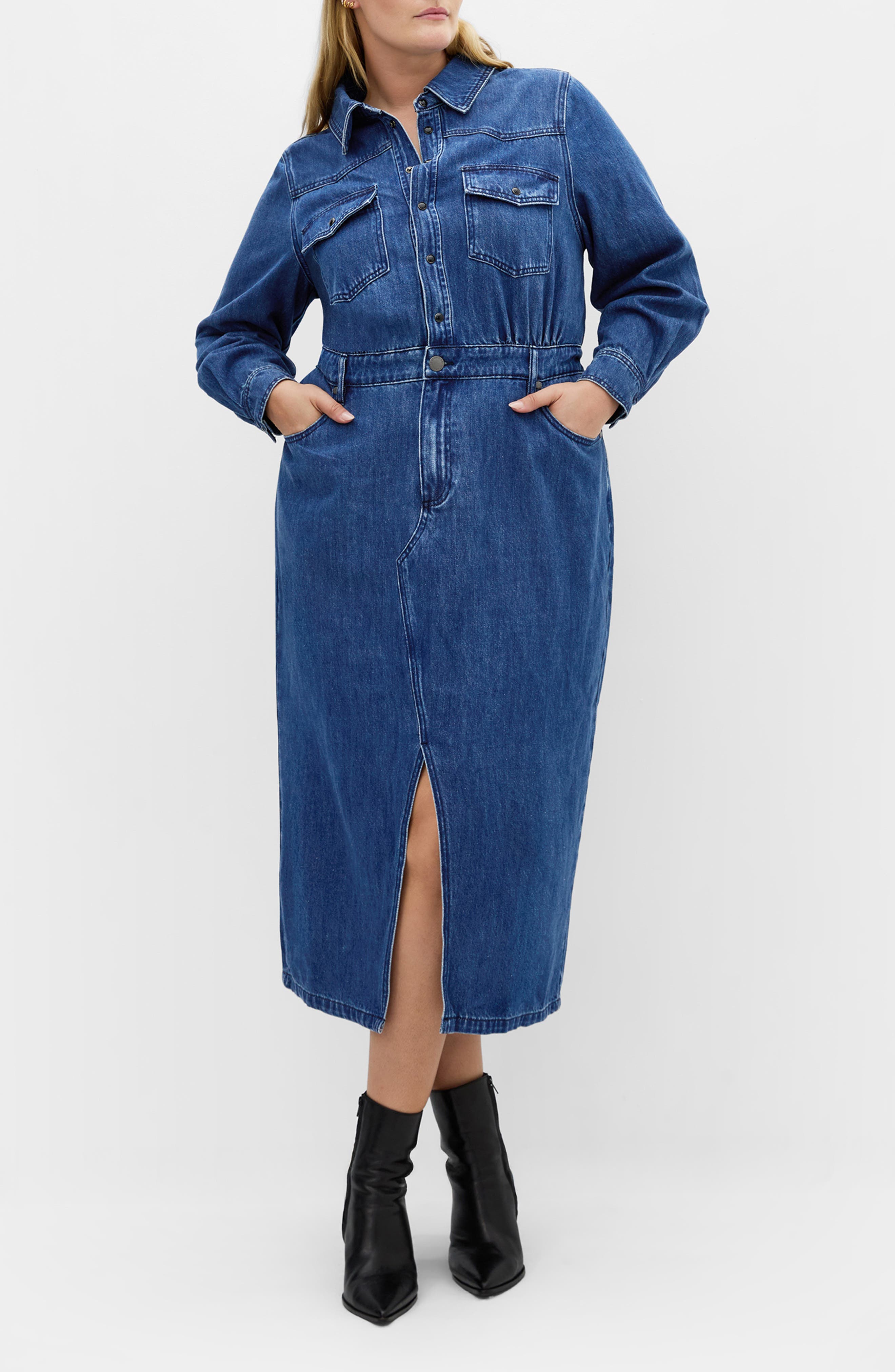 City Chic Elara Denim Midi Shirt Dress In Blue