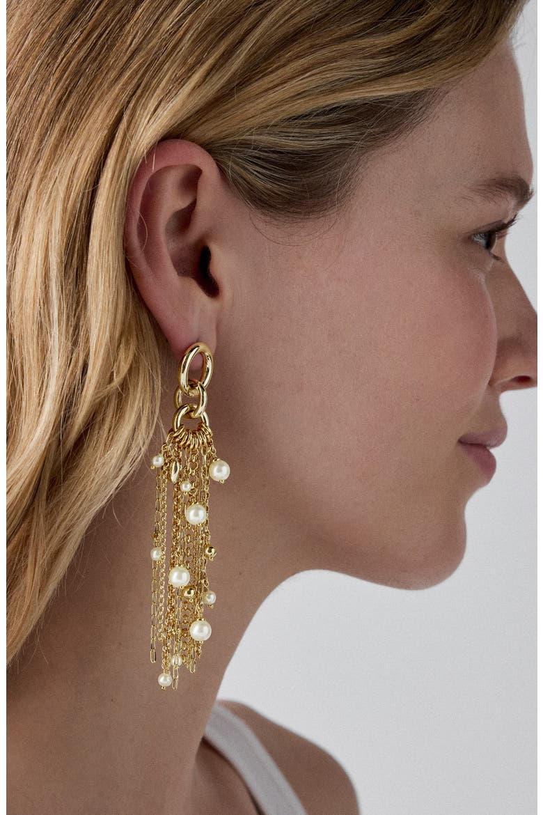 chain reaction faux pearl tassel drop earrings, Alternate, color, CREAM.