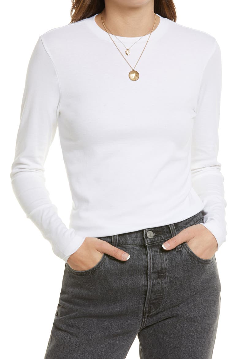 Women's Rib Crewneck Long Sleeve Shirt, Main, color, WHITE