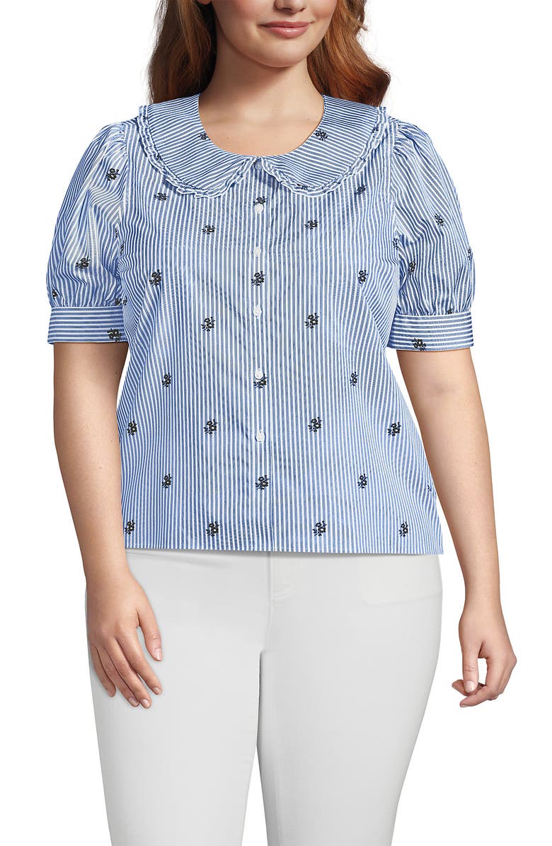 Lands
 End Plus Size Carefree Cotton Puff Sleeve Statement Collar Shirt, Main, color, White/Blue Floral Stripe