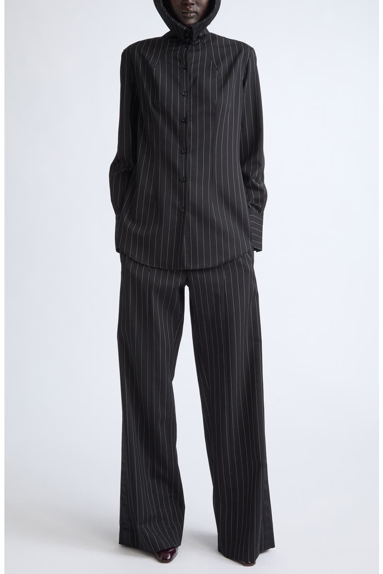 Pinstripe Wool Button-Up Hoodie Shirt, Alternate, color, BLACK/ WHITE