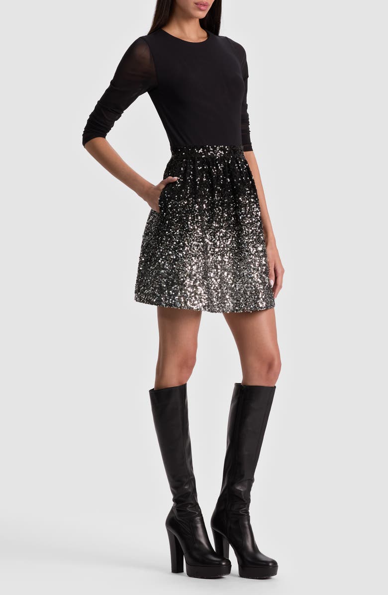 Alice + Olivia Chara Long Sleeve Sequin Skirt Party Dress, Alternate, color, Black/ Multi