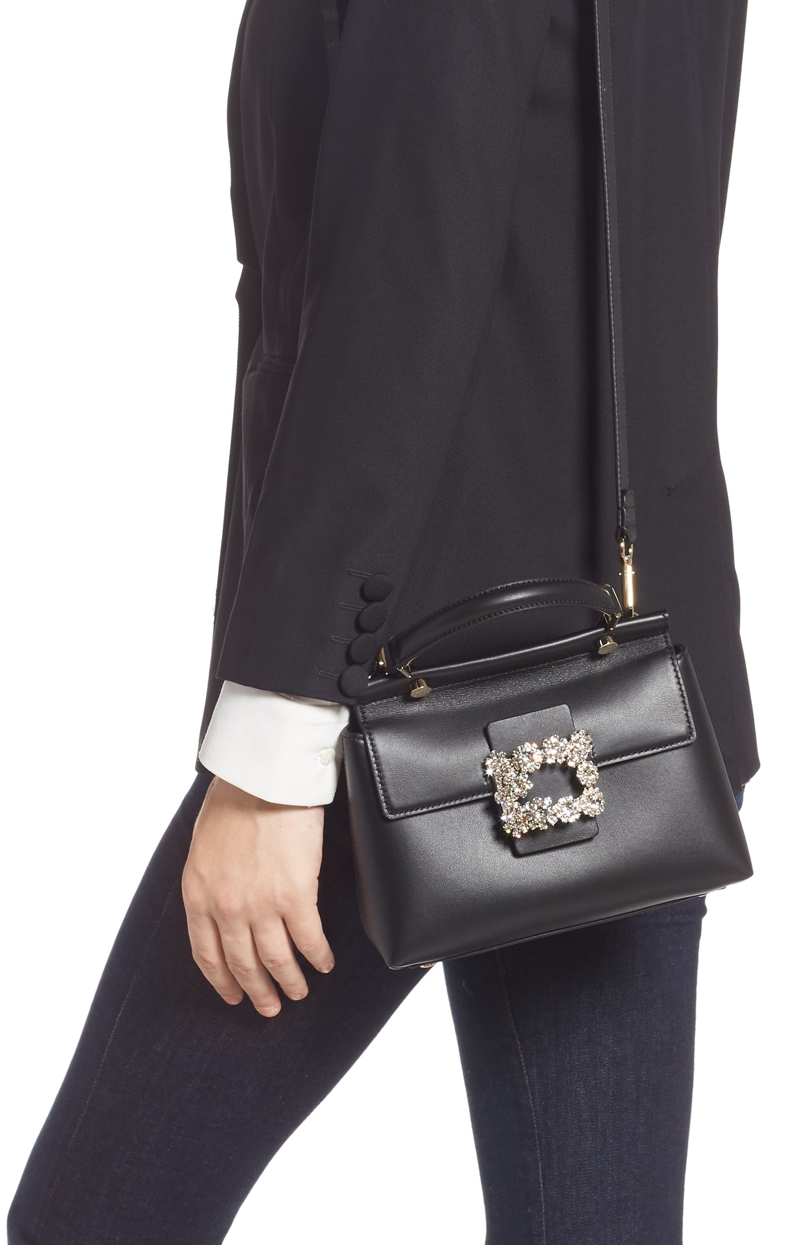 Roger Vivier Strass Flower Buckle Calfskin Top Handle Satchel, Alternate, color, 