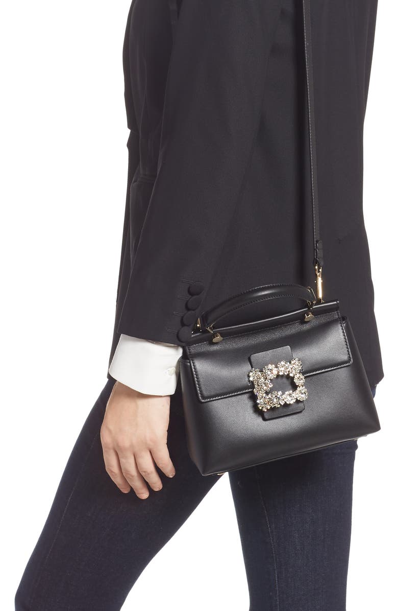 Roger Vivier Strass Flower Buckle Calfskin Top Handle Satchel, Alternate, color,