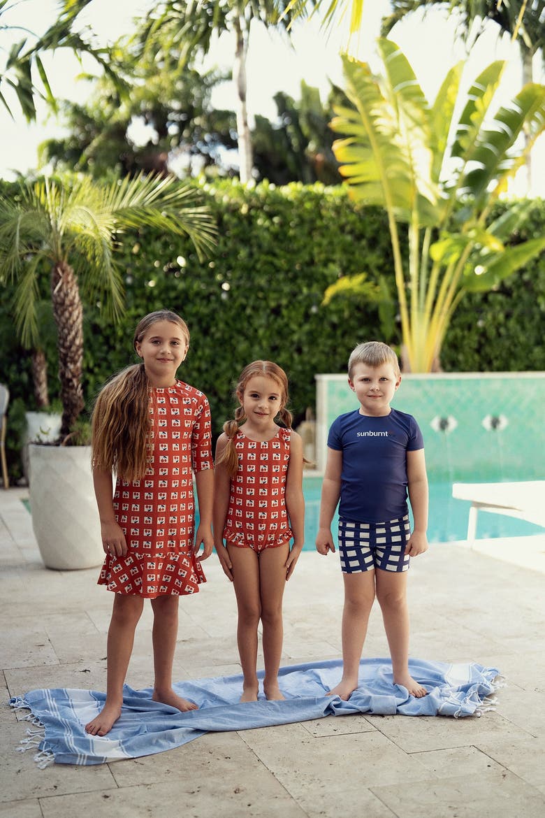 Girls Checked 3/4 Sleeve Swim Dress, Alternate, color, Blue