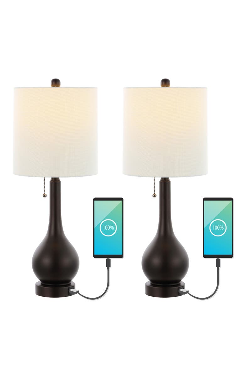 JONATHAN Y Tyler 24" Modern Classic Gourd Iron LED Table Lamp with Pull-Chain with Dual USB Charging Port, Main, color, Oil Rubbed Bronze