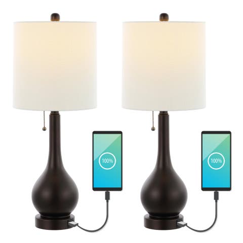 Tyler 24" Modern Classic Gourd Iron LED Table Lamp with Pull-Chain with Dual USB Charging Port (Set of 2)