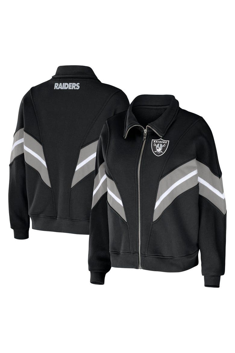 Women's WEAR by Erin Andrews Black Las Vegas Raiders Plus Size Yarn Dye Stripe Full-Zip Jacket, Main, color, Black
