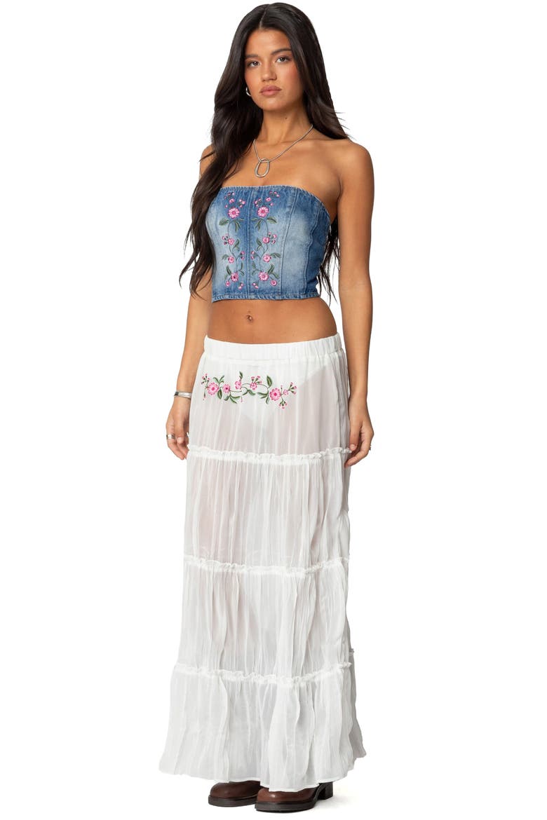 Tula Floral Embroidered Strapless Denim Corset Top, Alternate, color, BLUE