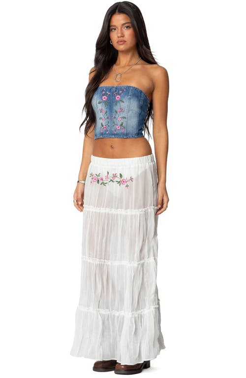 Edikted Tula Floral Embroidered Strapless Denim Corset Top In Blue
