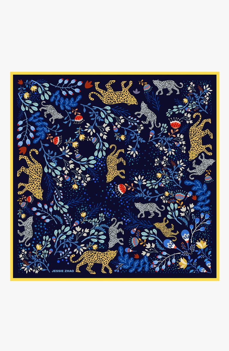 Jessie Zhao New York Double Sided Silk Scarf Of Amazon Rainforest Journey in Blue, Main, color, Blue