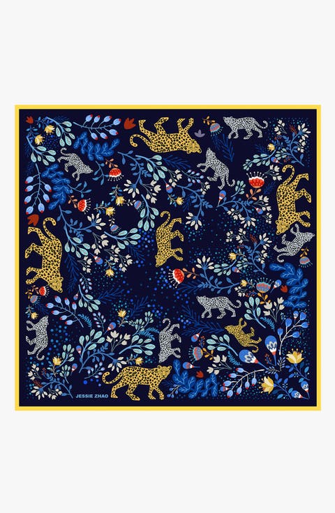 Double Sided Silk Scarf Of Amazon Rainforest Journey in Blue