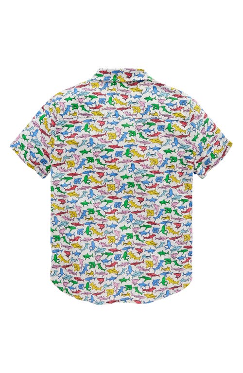Shop Mini Boden Kids' Shark Print Short Sleeve Linen & Cotton Button-down Shirt In Multi Sharks