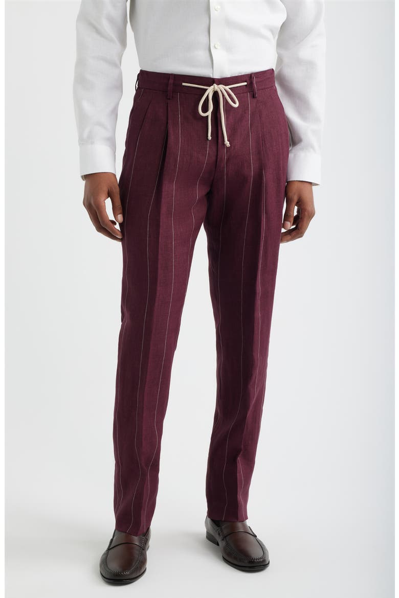 Nova Pinstripe Pleated Wool Blend Trousers, Main, color, WINE