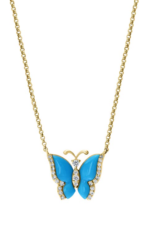 14K Yellow Gold Diamond,Turquoise Necklace