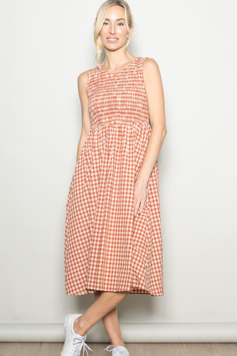 Gingham Smocked Sleeveless Midi Dress, Alternate, color, Red
