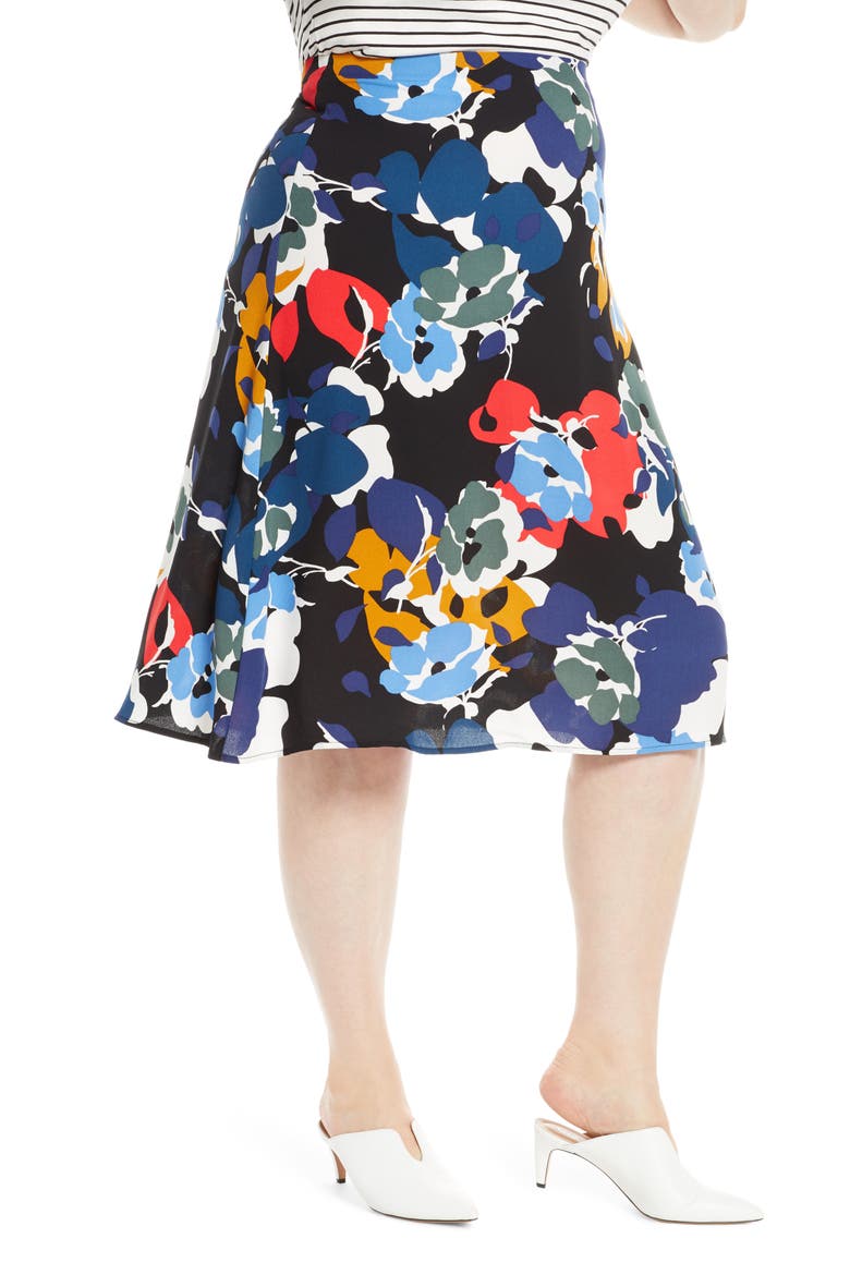 A-Line Midi Skirt, Alternate, color, BLACK- BLUE FLORAL