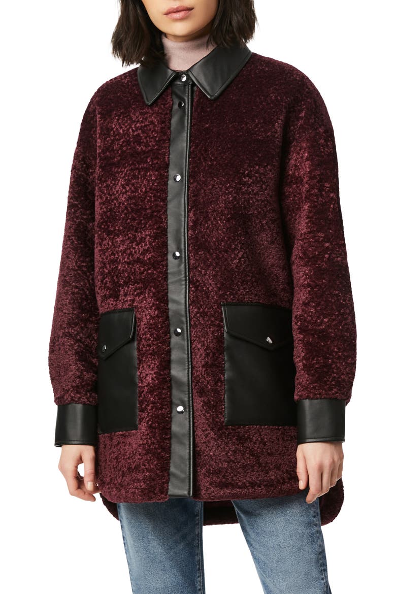 Faux Shearling Shirt Jacket with Faux Leather Trim, Main, color, MERLOT
