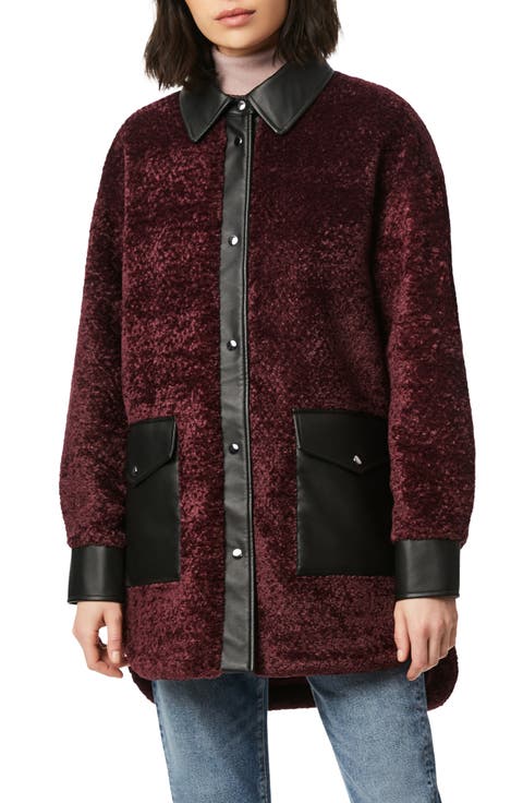 Faux Shearling Shirt Jacket with Faux Leather Trim
