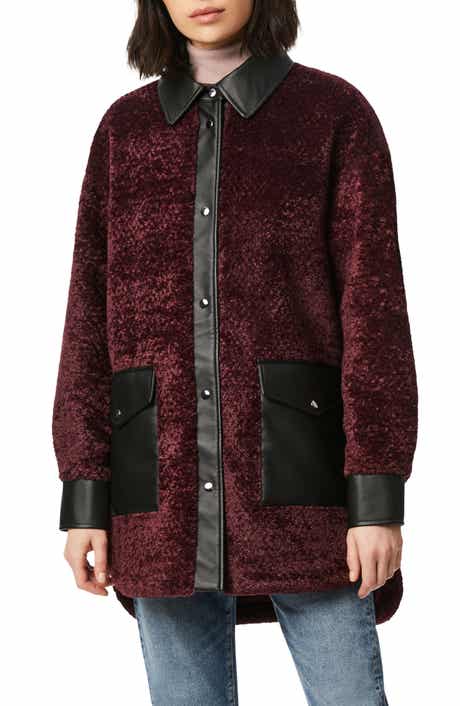 Faux Shearling Shirt Jacket with Faux Leather Trim