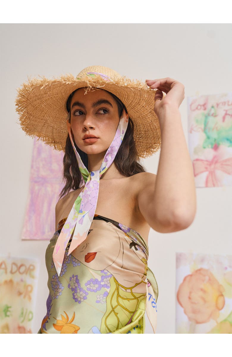 Lost Pattern FRIDA x LOST PATTERN "Frida's Garden" Straw Hat with Ribbon Tie, Alternate, color, Pink