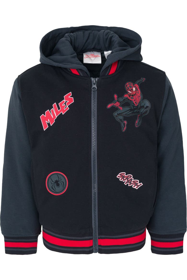 Spider-Man Varsity Hooded Bomber Jacket, Main, color, Black Miles Morales