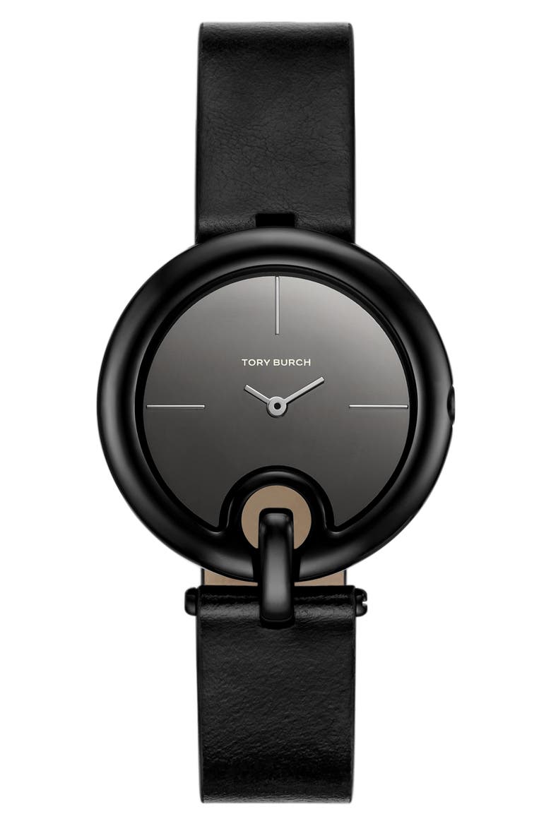 The Pierced Leather Strap Watch, 36mm, Main, color, BLACK
