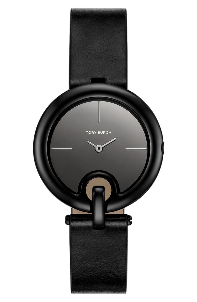 Tory Burch The Pierced Leather Strap Watch, 36mm, Main, color, Black
