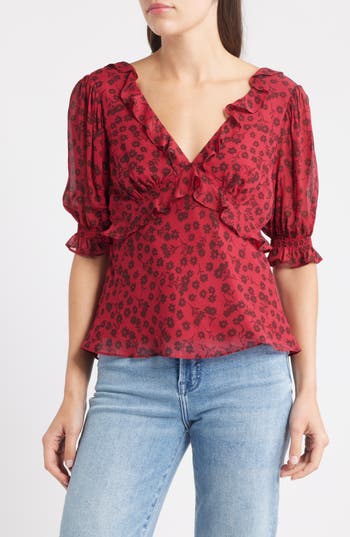 Rails Miramar Floral Ruffle V-Neck Top in Carmine Daisies at Nordstrom Rack, Size 2X