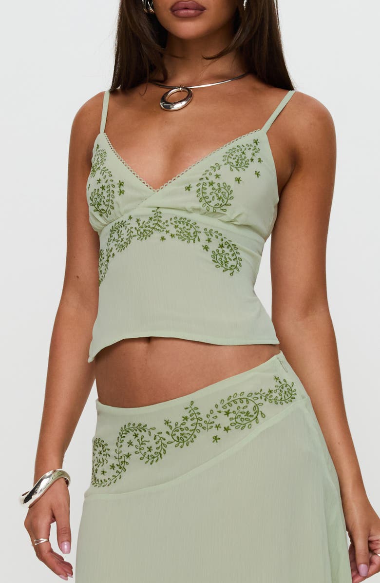Princess Polly Pappilion Embroidered Back Tie Tank, Main, color, Sage
