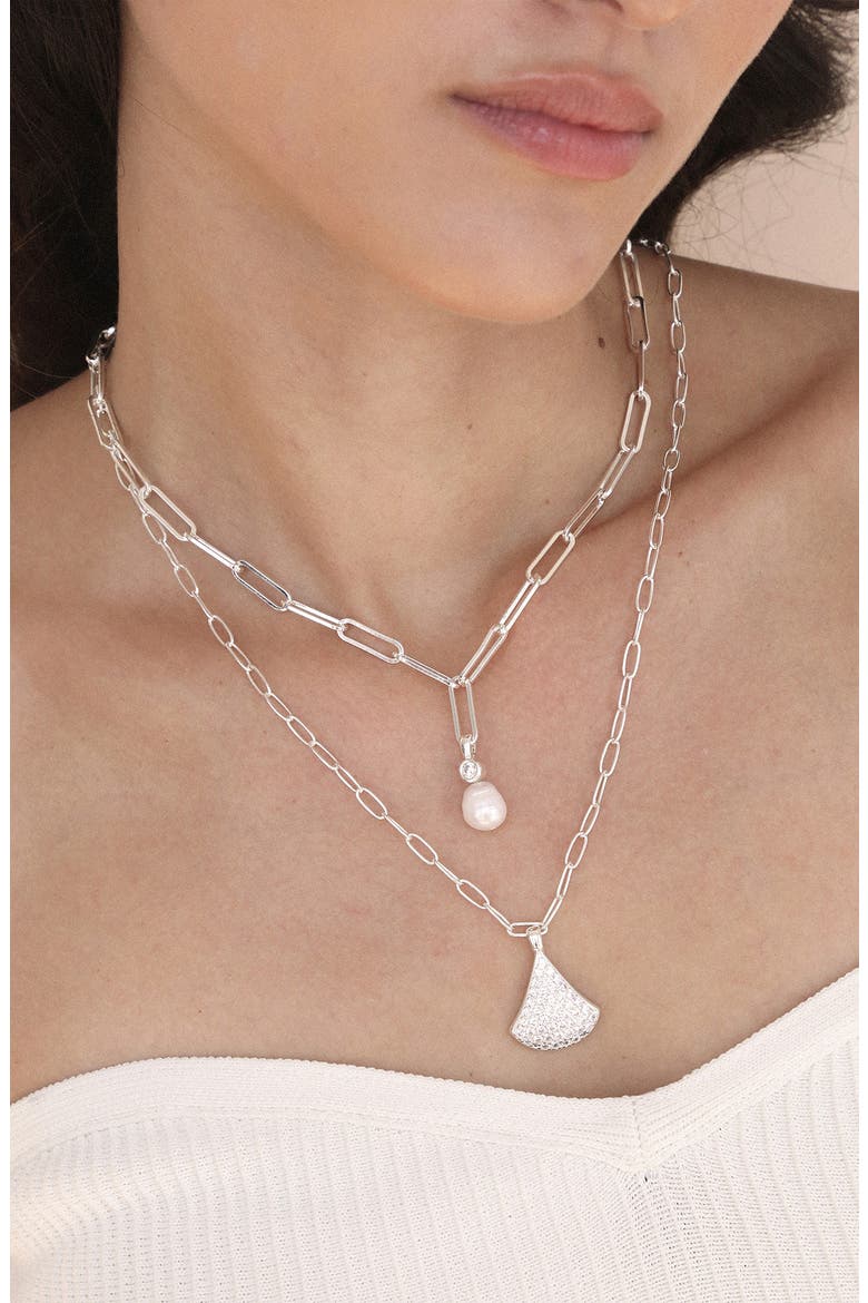 Layered Teardrop & Freshwater Pearl Charm Necklace, Alternate, color, SILVER