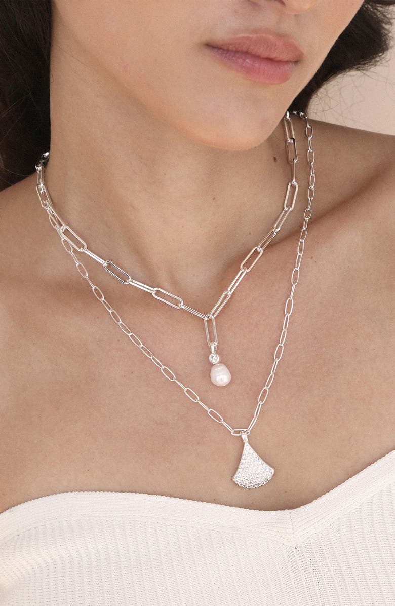 Ettika Layered Teardrop & Freshwater Pearl Charm Necklace, Alternate, color, Silver