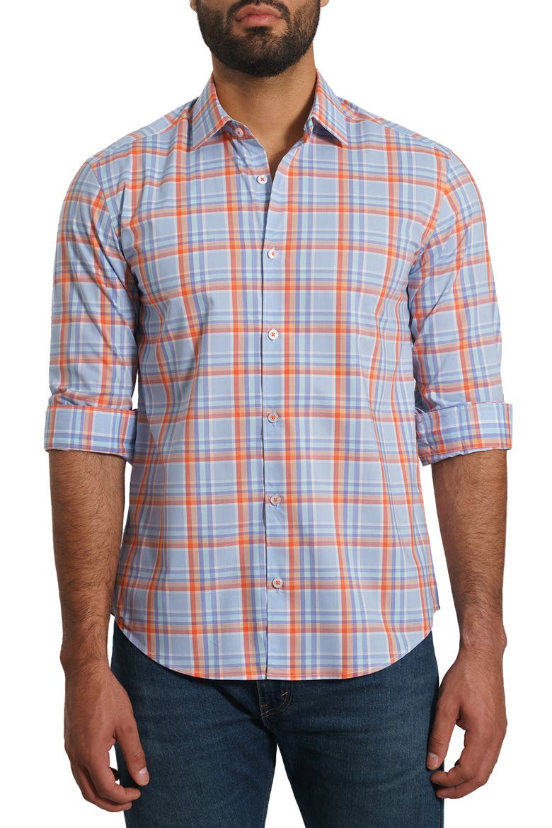 Trim Fit Plaid Button-Up Shirt, Main, color, BLUE PLAID