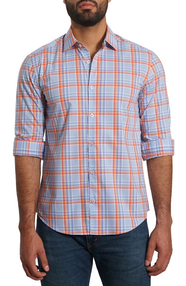 Jared Lang Trim Fit Plaid Button-Up Shirt, Main, color, Blue Plaid