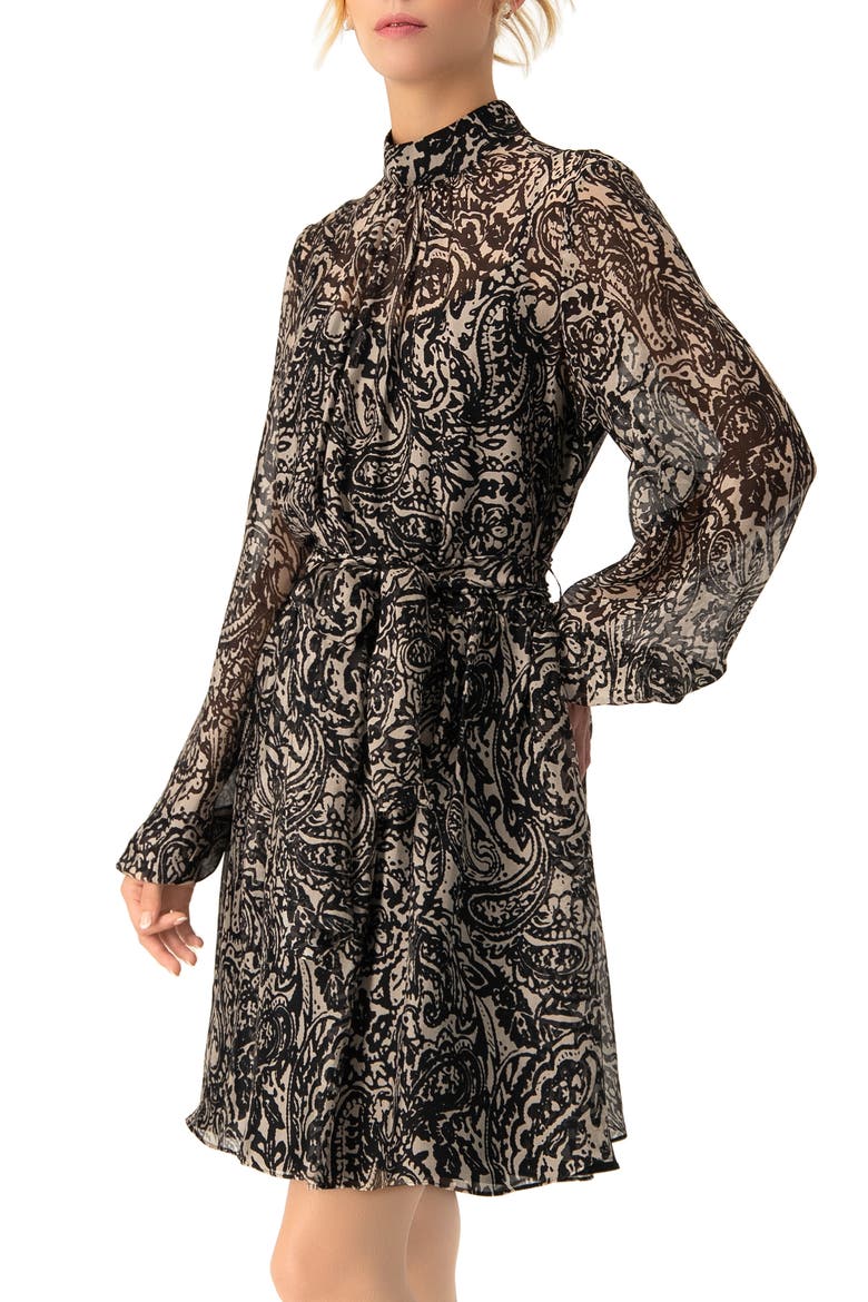 Paisley Printed Short Dress with Waist Tie, Alternate, color, Black