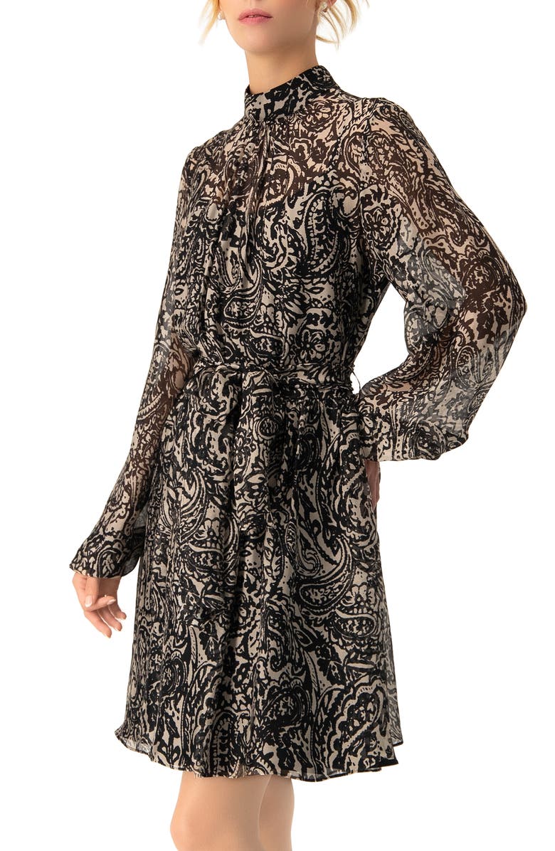 IVONNE Paisley Printed Short Dress with Waist Tie, Alternate, color, Black