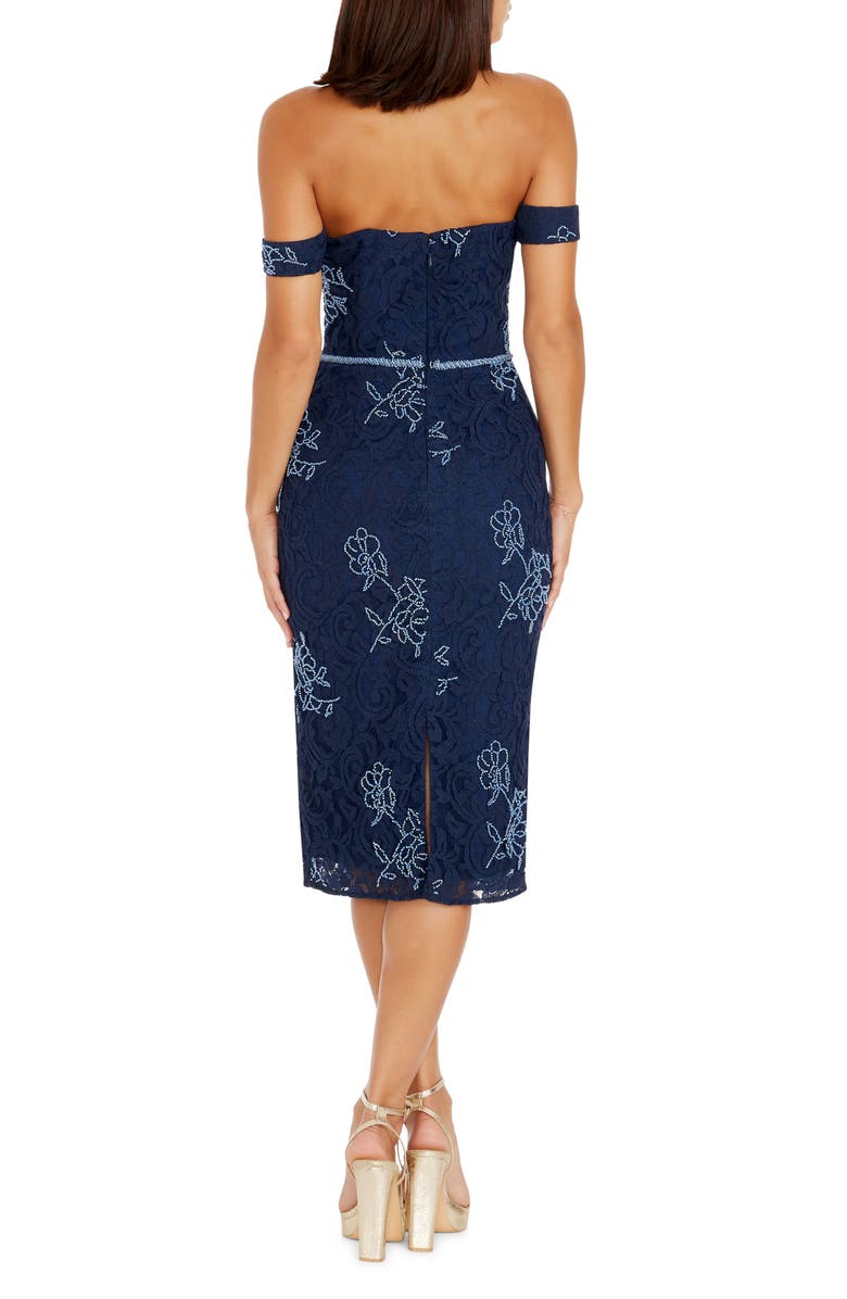 Dress the Population Marietta Beaded Lace Off the Shoulder Cotton Blend Cocktail Dress, Alternate, color, Navy Multi