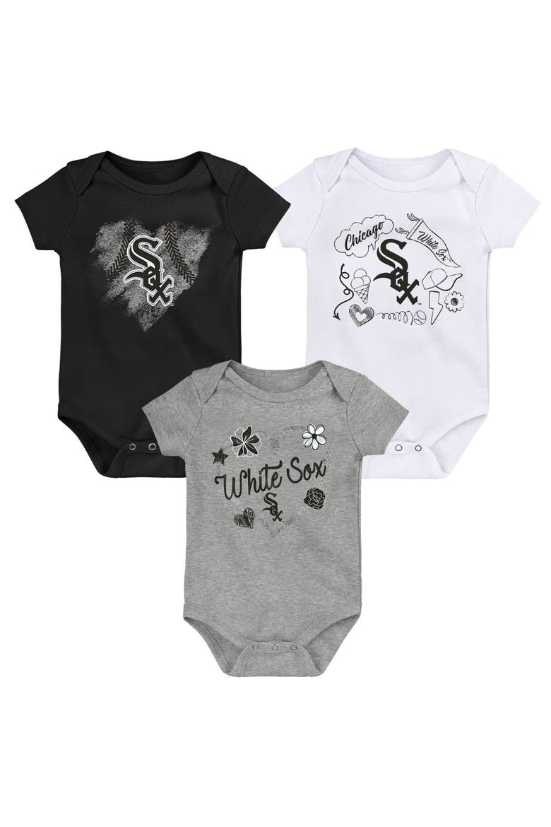 Girls Newborn & Infant Black/White/Heathered Gray Chicago White Sox 3-Pack Batter Up Bodysuit Set, Main, color, Black