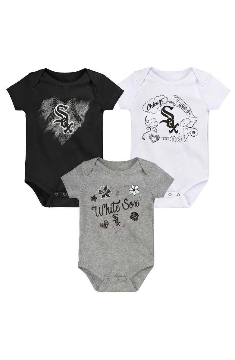 Outerstuff Girls Newborn & Infant Black/White/Heathered Gray Chicago White Sox 3-Pack Batter Up Bodysuit Set, Main, color, Black