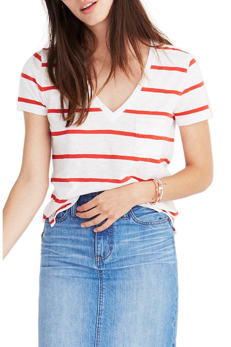 V-Neck Pocket Tee, Main, color, BRIGHT IVORY/ RED/ WHITE