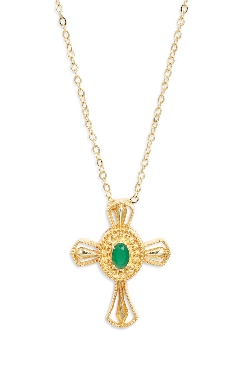 Kiara by Ki-ele Carmel Emerald Cross Pendant Necklace, Main, color, Gold