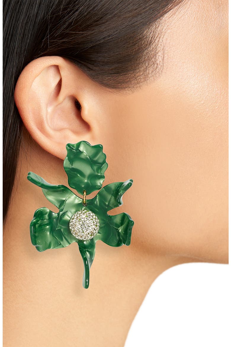 Crystal Lily Drop Earrings, Alternate, color, LEAF GREEN