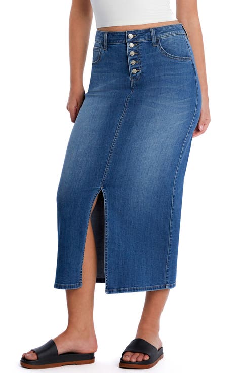 Exposed Button Fly Denim Midi Skirt