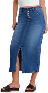 Wash Lab Denim Exposed Button Fly Denim Midi Skirt